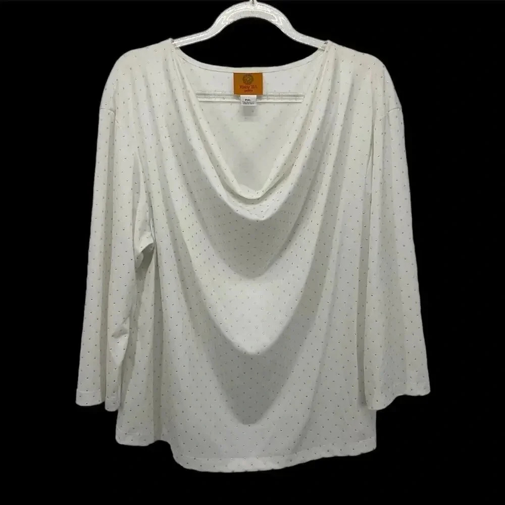 Ruby Rd Blouse White Silver Studded Top PXL Draped Cowl Neck 3/4 Sleeve Stretch